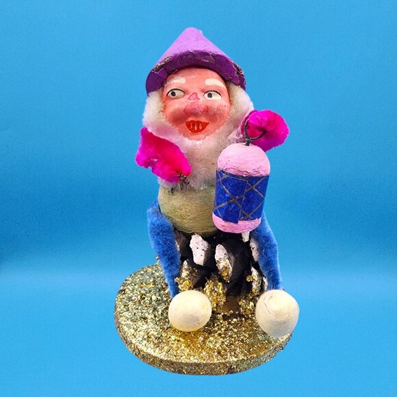 Vintage 1950s Japan Putz Elf Gnome Spun Cotton Lantern Purple Hat Christmas Deco - Picture 3 of 10
